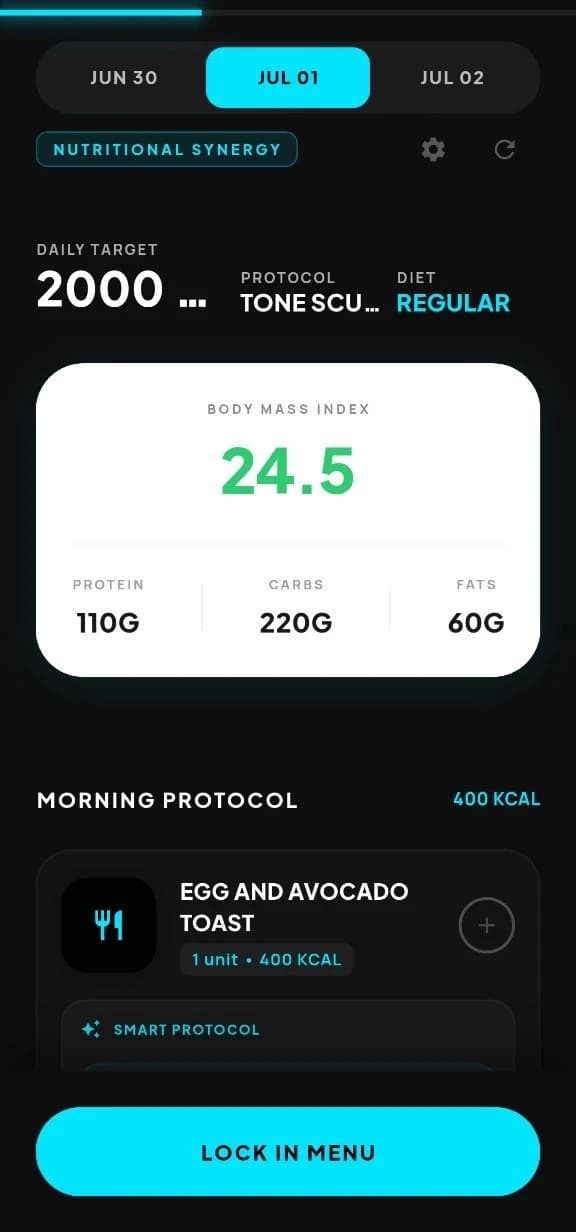 Fitness analytics showing BMI metrics alongside custom nutrition plans
