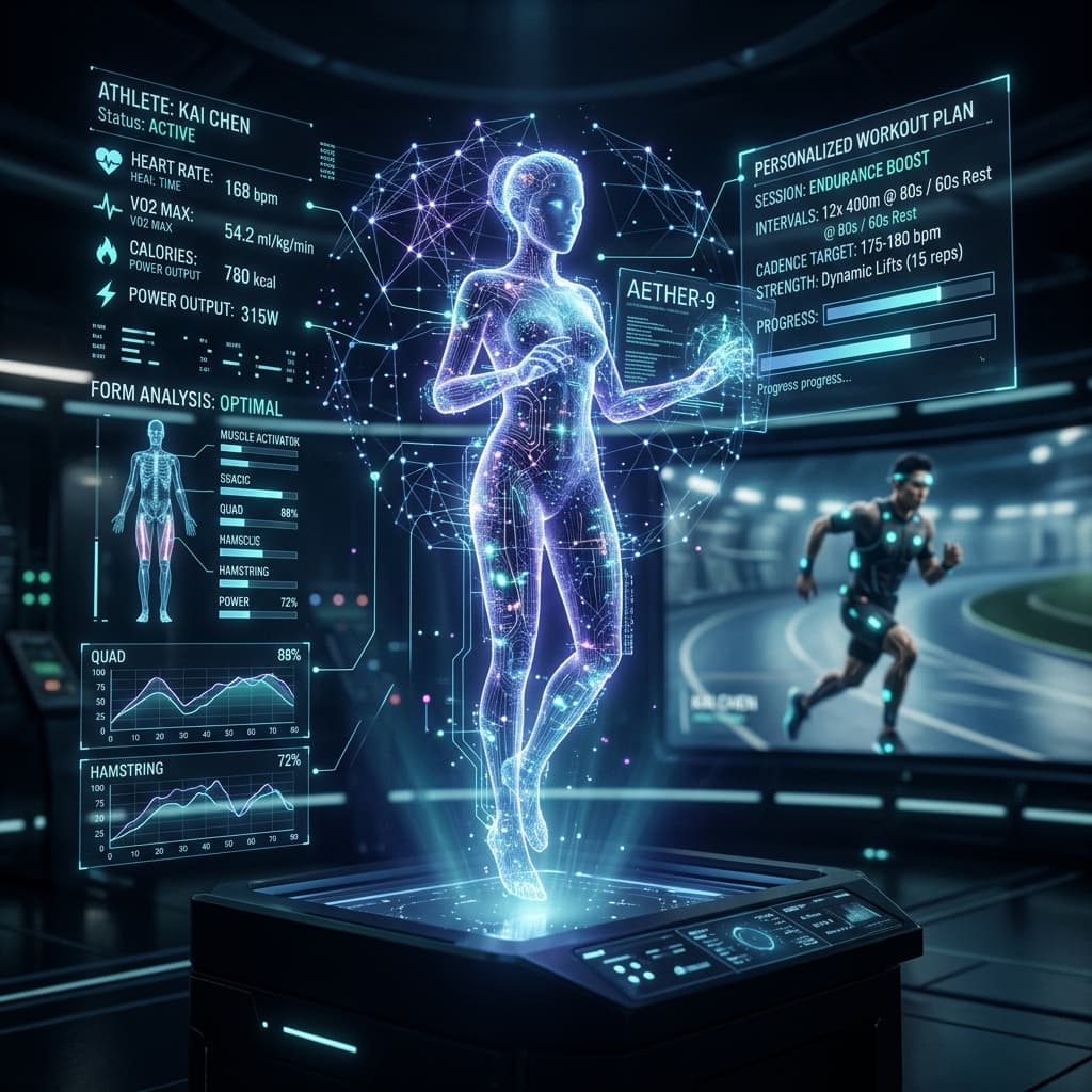 Holographic AI fitness coach avatar analyzing real-time biometric data and generating personalized workout protocols