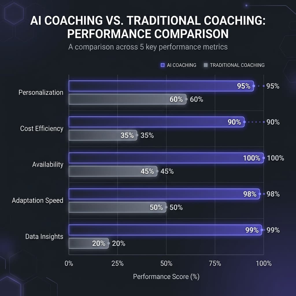 Bar chart comparing AI coaching versus traditional coaching performance scores across 5 key metrics including personalization, cost efficiency, and availability