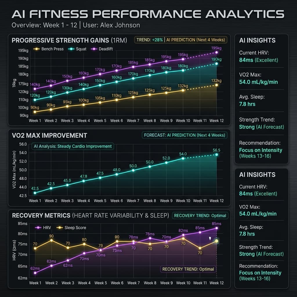 AI-driven fitness analytics dashboard showing 12-week strength gains, VO2 max improvements, and recovery trend lines