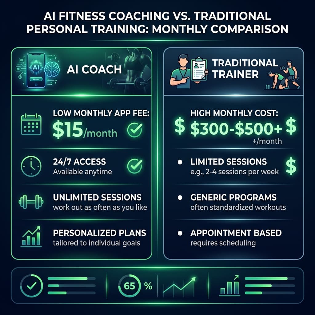 Cost comparison infographic: AI coaching at $15 per month with unlimited access versus traditional personal training at $300-500 per month for limited sessions