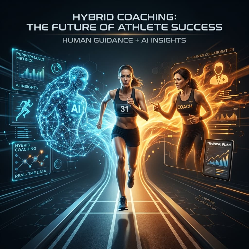 Athlete surrounded by AI holographic data systems and human coach working in a hybrid coaching model