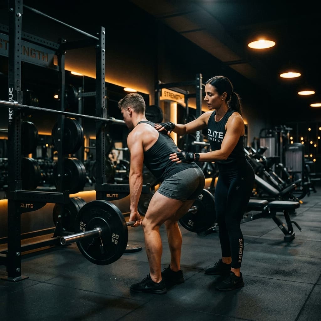 Professional personal trainer providing hands-on form correction and coaching in a premium gym environment