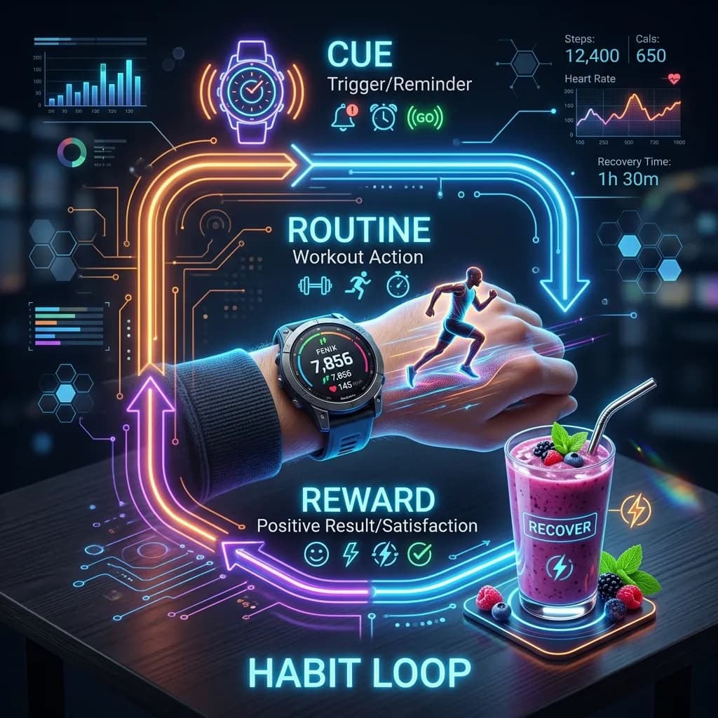 Visualization of the fitness habit loop model showing Cue, Routine, and Reward pathways