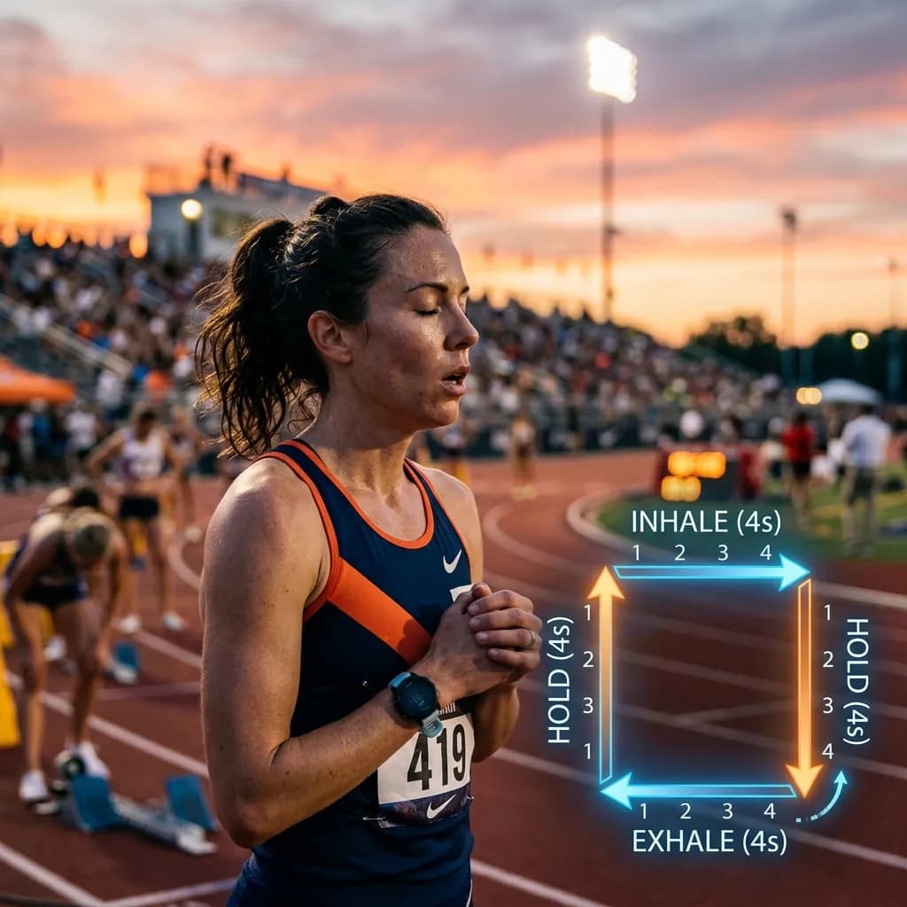 Cadence diagrams explaining the 4-4-4-4 second pattern of tactical box breathing for athletes