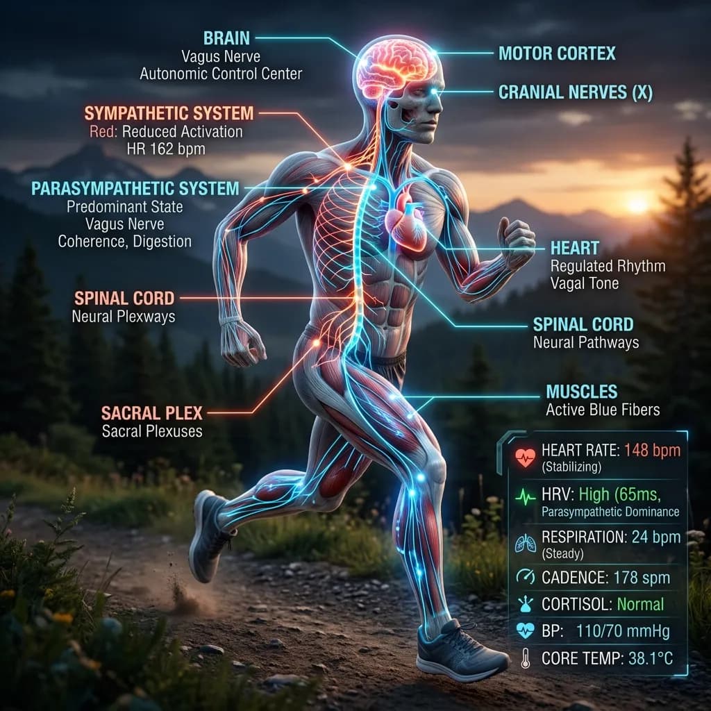 Anatomical representation of the nervous system transitioning from fight-or-flight sympathetic load to a parasympathetic state