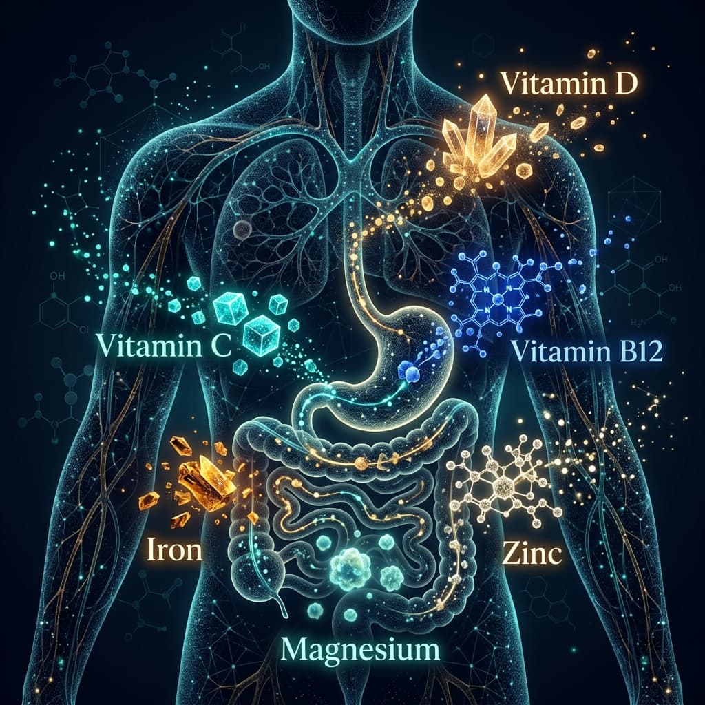 Scientific visualization of key micronutrients including Vitamin D, B12, Iron, Magnesium, and Zinc with absorption pathways in the human body
