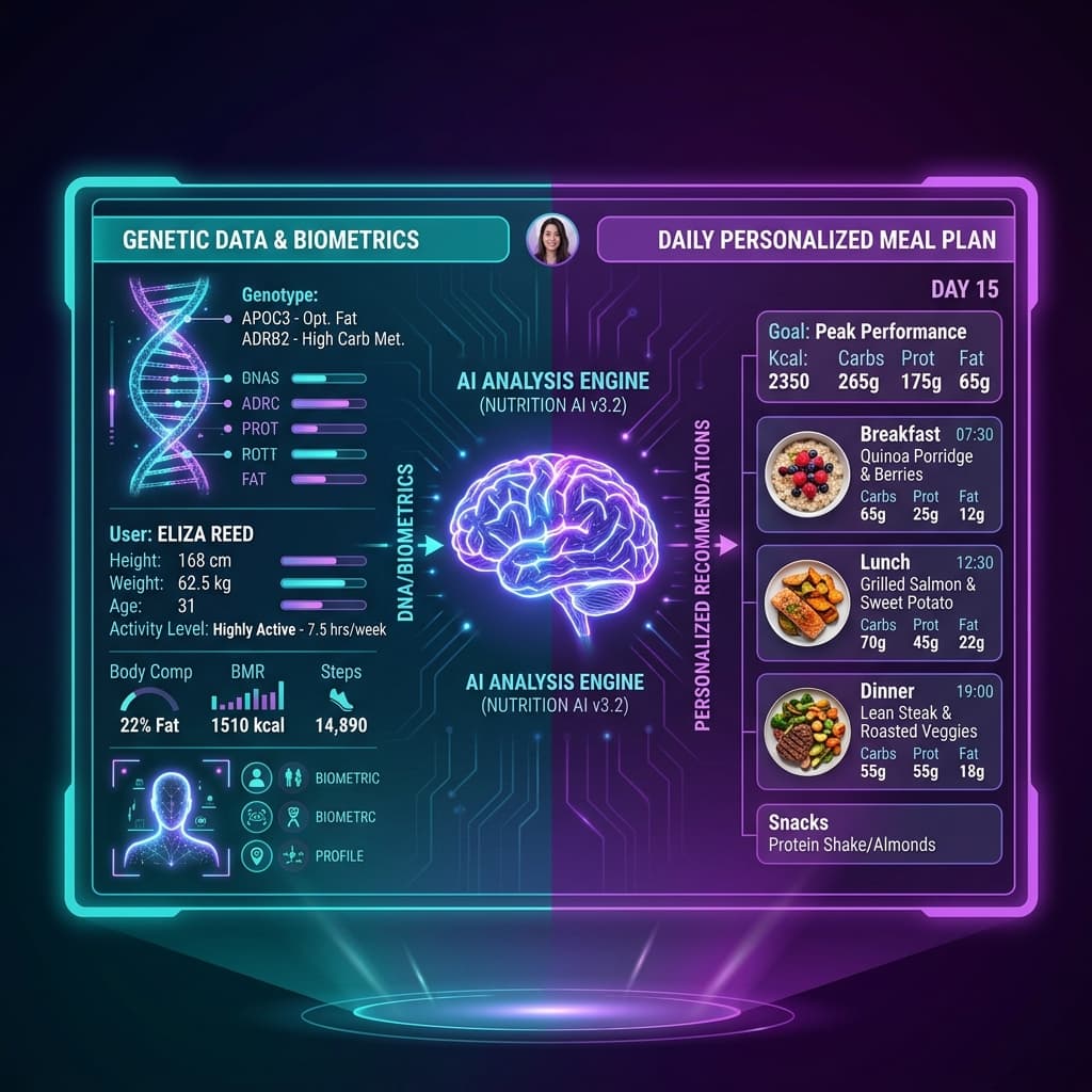 AI personalized nutrition dashboard showing biometric data analysis and custom meal plan generation