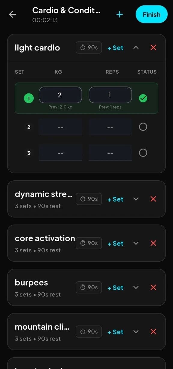 Equipment-aware gym workout logger tracking exact sets, reps, and volume