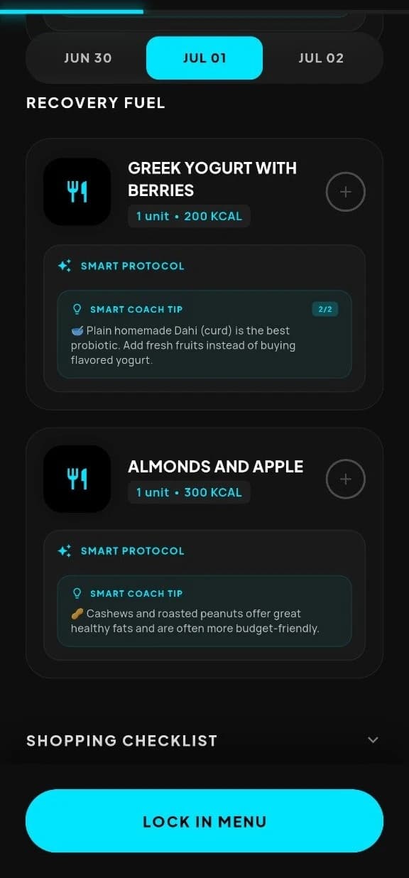 Custom personalized AI meal plan and diet dashboard interface